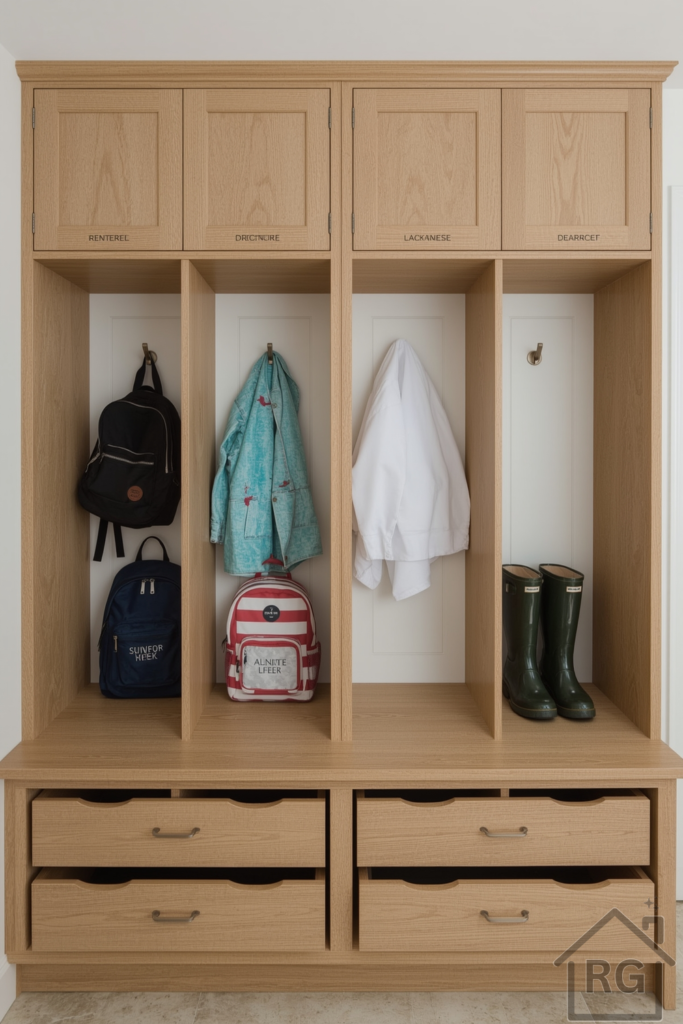 Functional mudroom with four vertical locker-style cabinets, each labeled with a family member’s name. Cubbies on top, hanging space in the middle, and drawers below. Natural oak wood, soft white interior. Bench seat across the bottom with personalized backpacks and rain boots stored neatly.