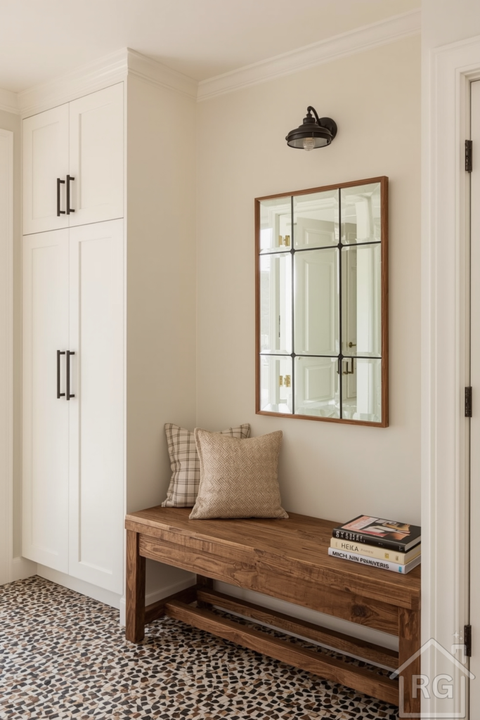 Glam farmhouse entryway featuring crisp white cabinetry with black iron hardware, reclaimed wood bench, plaid cushion, and mosaic patterned tile floor. A narrow vertical mirror and a vintage-style lantern light fixture elevate the space.