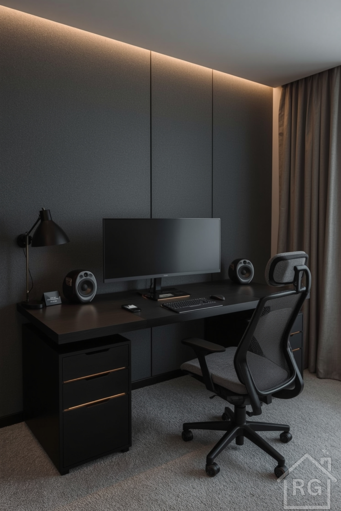 High-tech home office setup in a modernized bonus room. Sleek matte desk, ultra-wide monitor, sound-dampening wall panels, wireless charging dock, and ergonomic desk chair. Dark-toned, minimalist palette with LED accent lighting and excellent cable management. Clean and powerful