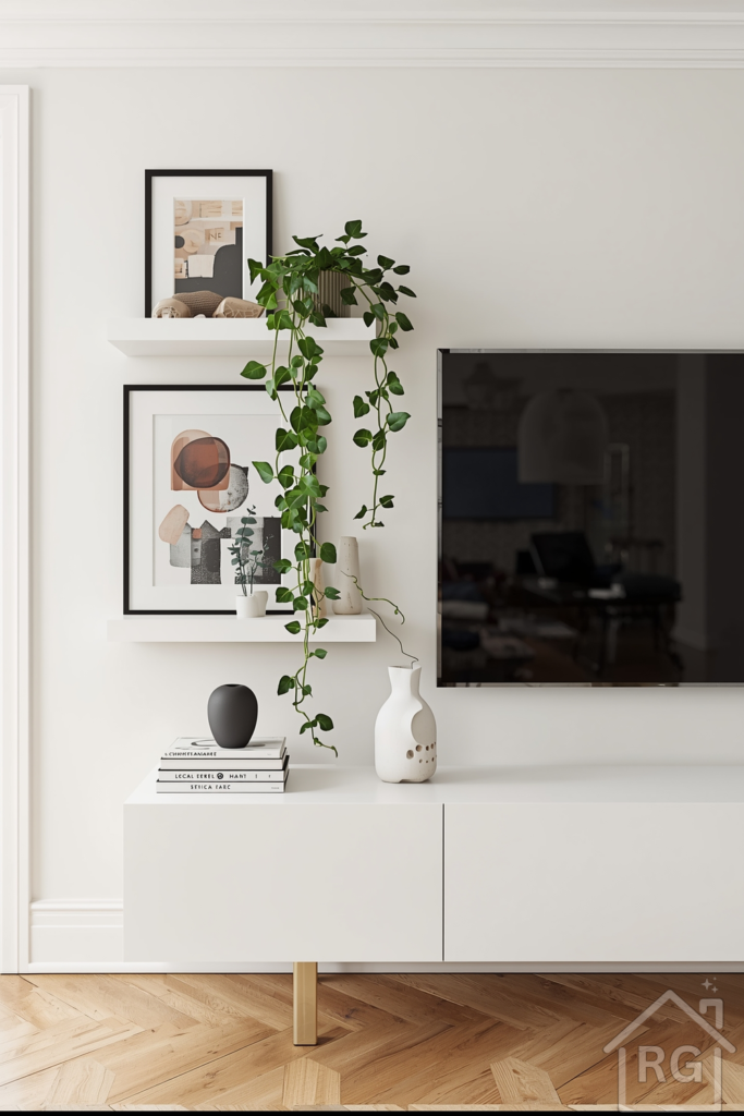 Bright, airy living room shot of a media wall styled with layered décor: a wall-mounted TV flanked by floating white shelves holding framed abstract art, cascading ivy in a ceramic pot, and a sculptural white vase. On the media console below sits a stack of design books and a small, matte-black table lamp. Walls are off-white; floor is light oak. Composition is balanced but slightly asymmetrical.