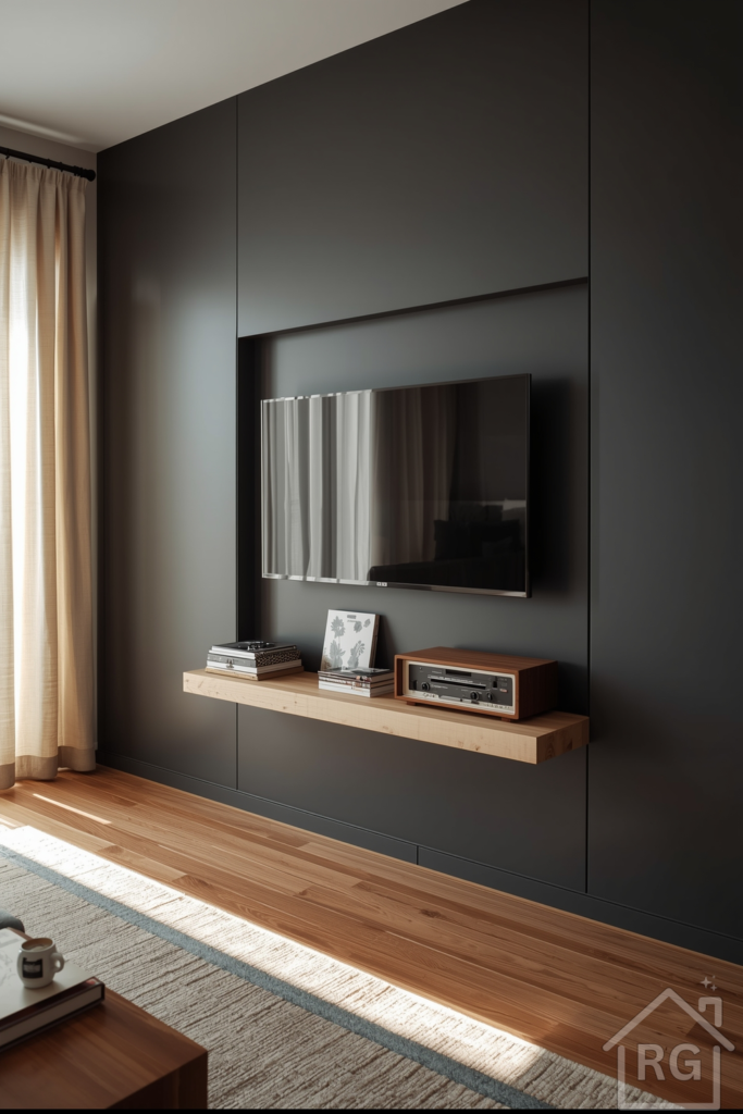 Casual living room featuring a do-it-yourself media wall built from large plywood panels painted in matte charcoal. The TV is wall-mounted center-stage, and visible grooves between panels hide cable channels. Simple pine board floating shelves display a small stack of vinyl records and a vintage radio. Shot from a slight angle, with daylight filtering through a sheer curtain to one side.