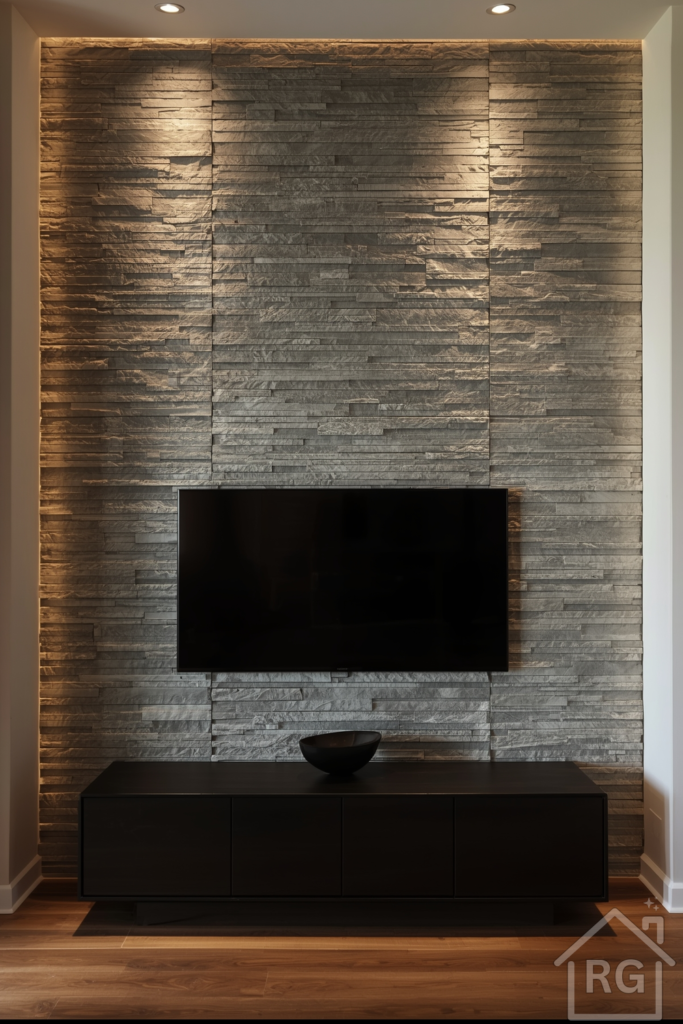 Close-up, straight-on shot of a floor-to-ceiling stone-veneer accent wall in varied light and dark gray slabs. A slim, black-framed TV is mounted flush at eye level. Soft uplights on either side cast gentle shadows that emphasize the stone’s natural texture. The surrounding wall is painted warm white, and a minimalist black media console sits below the TV with a single sculptural object.