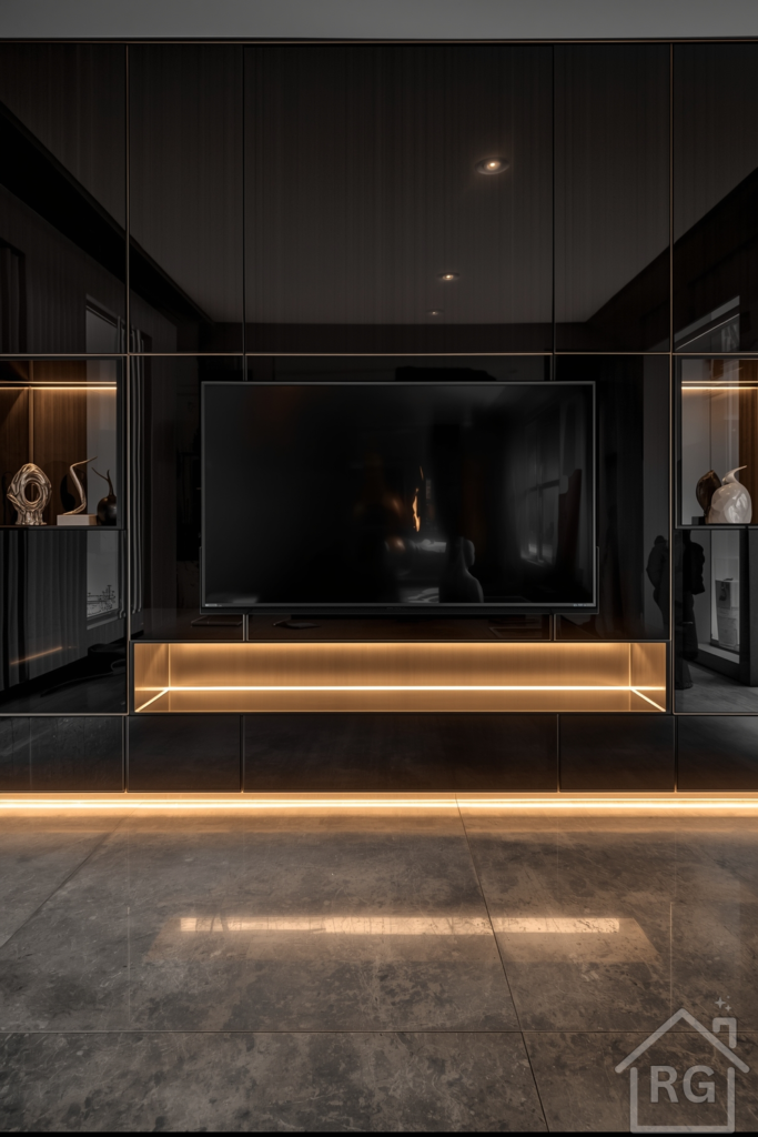 Contemporary media wall with high-gloss charcoal lacquer panels. A TV is mounted flush, and a narrow horizontal cut-out below houses a linear warm-white LED strip. Decorative niches on one side hold minimalist sculptures. The floor is polished concrete, and a low bench sits beneath. Shot from a low perspective to accentuate the reflective panels and linear lighting.