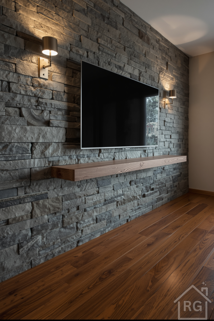 Rustic living room media wall featuring a floor-to-ceiling slate veneer in varied gray tones. A chunky reclaimed oak mantel shelf spans the width, supporting a wall-mounted TV. Two vintage metal sconces cast warm uplight and downlight, highlighting the stone’s texture. The room floor is wide-plank hardwood. Shot at a slight angle to showcase both the stone feature and the wood mantel contrast.