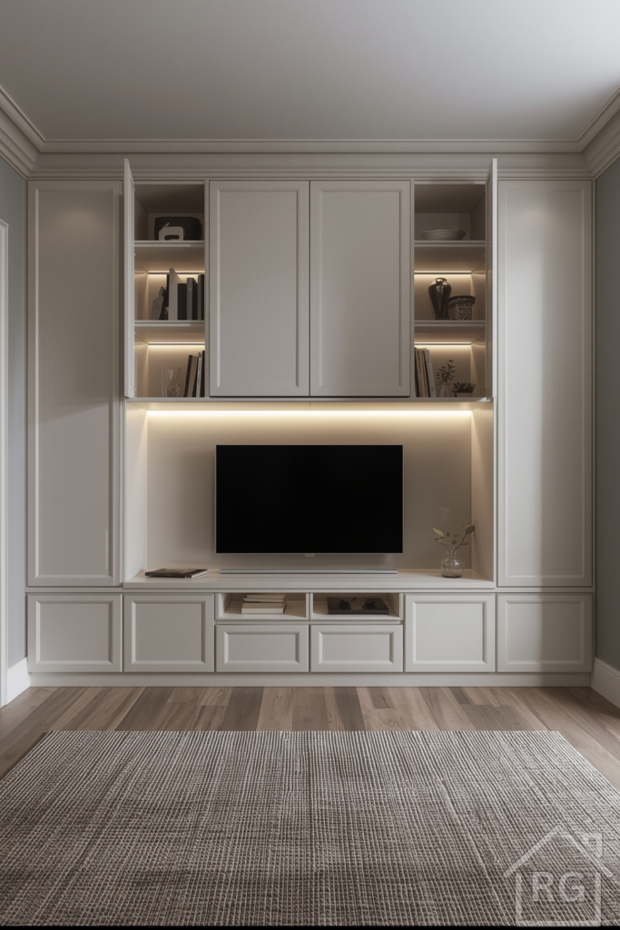 Straight-on view of a floor-to-ceiling white lacquer media wall. The central section houses a TV, with push-to-open cupboards below and vertical storage compartments above. Under-shelf LED strips illuminate the contents. The surrounding walls are soft greige, and a textured area rug anchors the scene. Composition is centered, showing both storage and display sections.