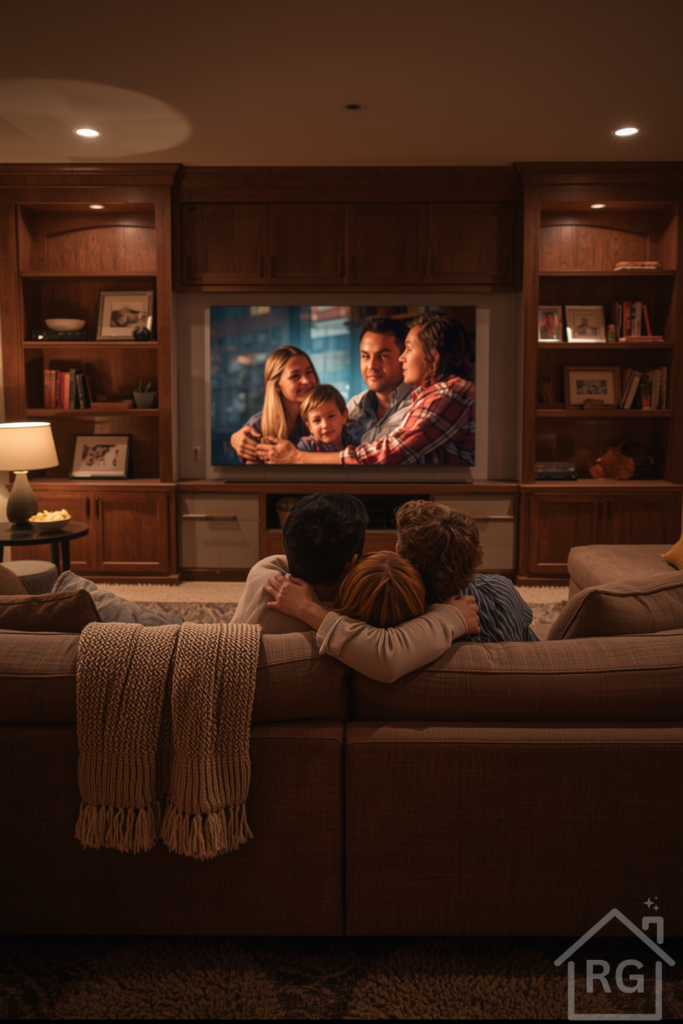 Warm, inviting scene of a young family cuddled on a plush sectional sofa facing a large media wall. The TV glows softly, showing a movie, while built-in shelves around it hold framed photos and a couple of books. A textured throw and accent pillows in muted earth tones add comfort. Overhead recessed lighting is dimmed, and a floor lamp provides a soft pool of light near a side table with a popcorn bowl.