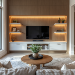 Wide-angle, final reveal of a bright living room with a fully finished media wall: a recessed TV in a textured wood-grain panel, floating white shelves with curated décor, integrated warm-white LED underlighting, and a cozy light-gray sofa with accent pillows. A round coffee table holds a vase of greenery.