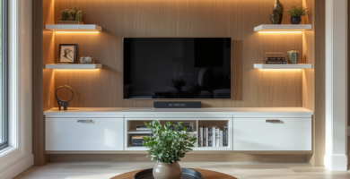 Wide-angle, final reveal of a bright living room with a fully finished media wall: a recessed TV in a textured wood-grain panel, floating white shelves with curated décor, integrated warm-white LED underlighting, and a cozy light-gray sofa with accent pillows. A round coffee table holds a vase of greenery.