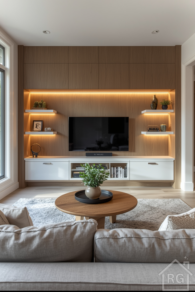 Wide-angle, final reveal of a bright living room with a fully finished media wall: a recessed TV in a textured wood-grain panel, floating white shelves with curated décor, integrated warm-white LED underlighting, and a cozy light-gray sofa with accent pillows. A round coffee table holds a vase of greenery.