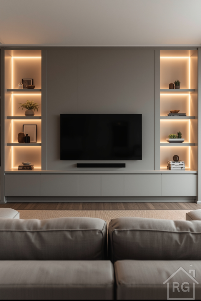Wide-angle shot of a sleek built-in media wall with a wall-mounted flat-screen TV recessed into a matte gray panel. Flanking the TV are recessed shelves displaying minimal art objects and small potted succulents. Soft warm LED lighting along the top edge casts a gentle glow. In the foreground, a low-profile modular sofa in dove-gray sits on a neutral jute rug.