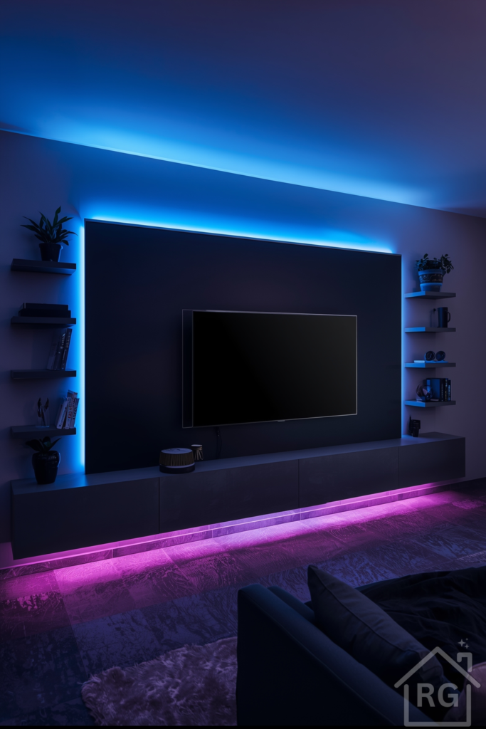 Wide-angle view of a modern media wall with concealed RGB LED strips tucked behind a floating matte-black panel. The LEDs glow in a cool blue transitioning to soft magenta, illuminating the wall behind the frameless TV. On either side, slim graphite shelves hold a few books and plants. The room features a low charcoal sofa and a concrete-look floor.