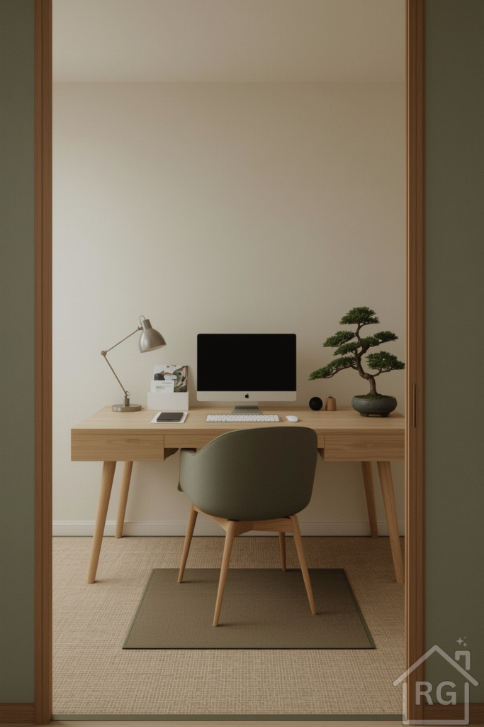 Minimalist bonus room workspace with a Japanese-Scandinavian fusion style. Tatami-style mat under the desk, hidden cable management, light wood tones, and a calming color palette of beige and sage. A bonsai tree adds a contemplative touch. Peaceful, tech-integrated space.