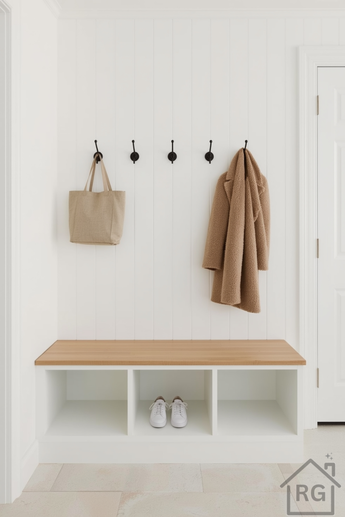 Minimalist mudroom wall with built-in light wood bench, open cubbies below, vertical white shiplap backdrop, and three matte black metal hooks. One beige tote bag and a neutral coat hang from the hooks. Pale stone tile flooring, a pair of white sneakers placed neatly under the bench. Clean, airy natural light.