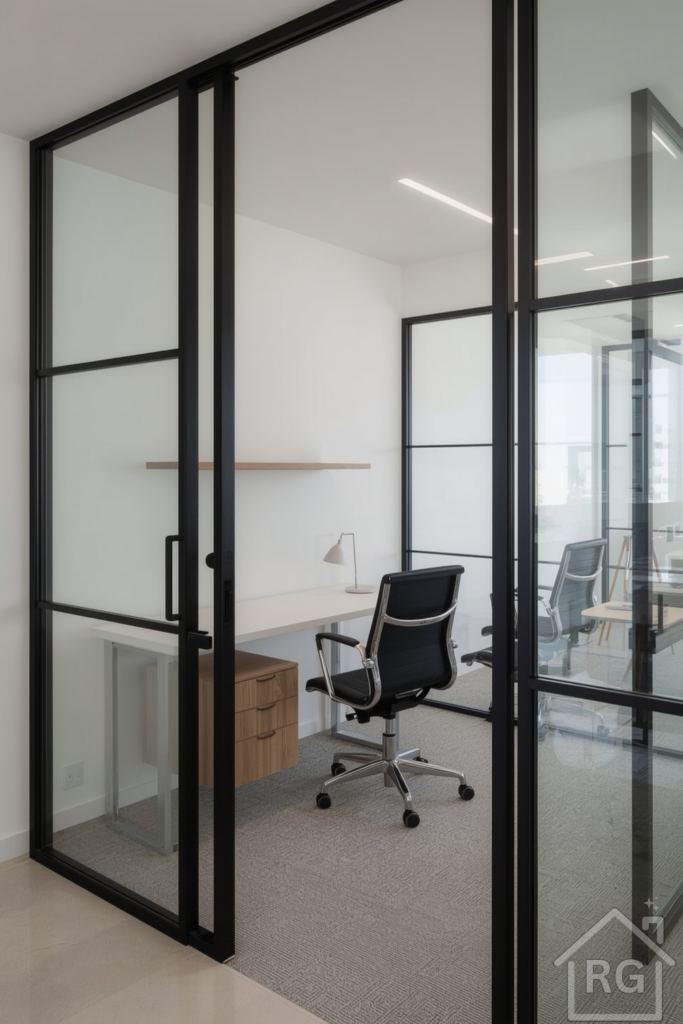 Modern bonus room office with interior glass wall partition featuring black steel frames. Inside: minimalist white desk, floating wood shelf, and ergonomic desk chair. Outside the glass: a lounge area or secondary function space.