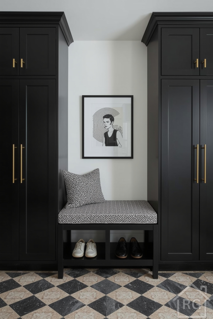 Modern mudroom with striking black cabinetry, gold handles, and white walls. Built-in bench with a patterned cushion, checkerboard tile flooring, and a graphic black-and-white print hanging above. Shoe storage tucked neatly below bench.