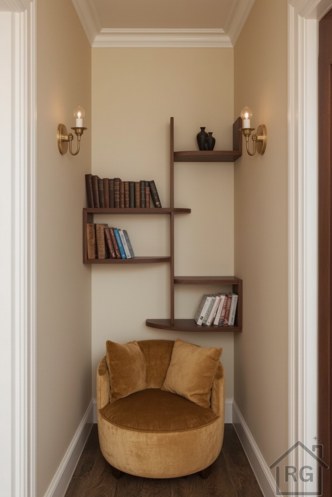 Narrow hallway corner featuring a small, plush reading chair with soft, golden-brown cushions, slim wall-mounted bookshelves made of dark wood, and brass sconces with a subtle vintage glow, casting a warm light on the surrounding space. The walls are painted in warm, creamy tones, such as beige or light golden brown, with an intimate, tucked-away feeling, evoking a sense of coziness and seclusion.