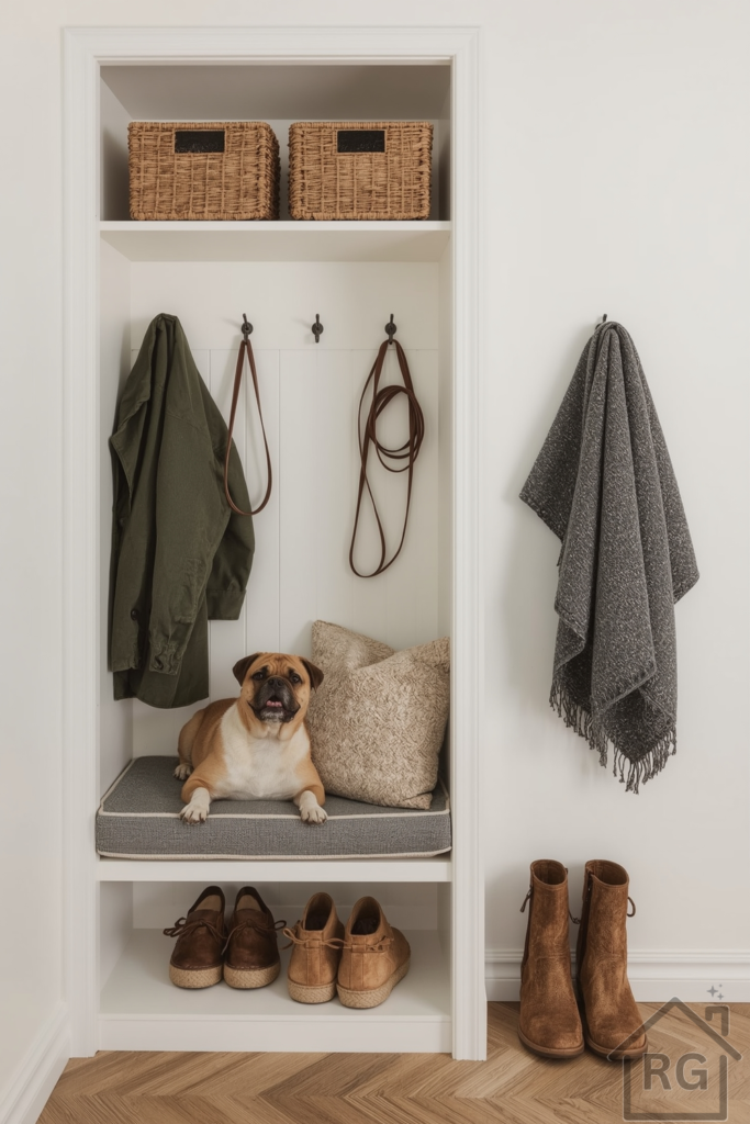 Pet-friendly mudroom with a built-in bench above a cozy pet bed nook, coat hooks above, and a small shelf stocked with pet leashes, treats, and supplies. Mud-friendly flooring and a towel draped over a hook suggest function meets comfort.