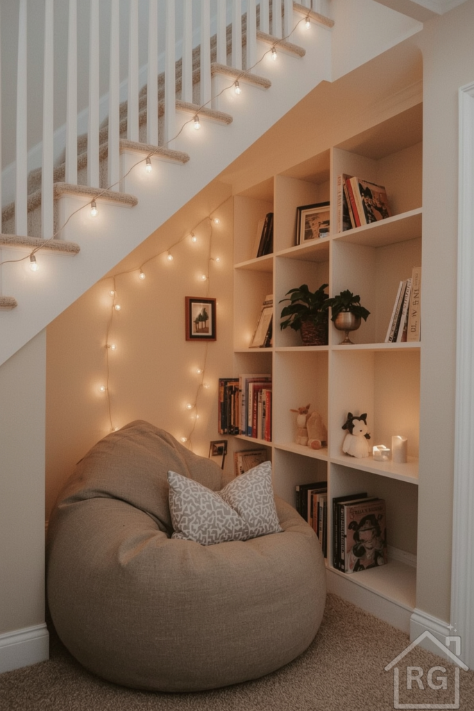 Reading nook built under stairs with a beanbag chair, built-in cubby bookshelf, string lights, and a cozy atmosphere. Painted in warm neutral tones with playful touches like a small plant or stuffed animal.