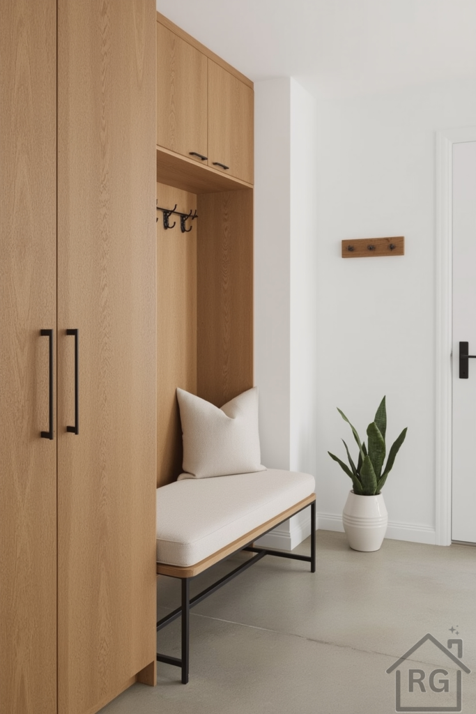 Scandinavian-style mudroom with natural oak built-ins, black metal accents, and a floating bench with a neutral beige cushion. Matte tile floor, soft white walls, a simple coat rack, and a touch of greenery in a ceramic planter. Bright daylight and clean styling.