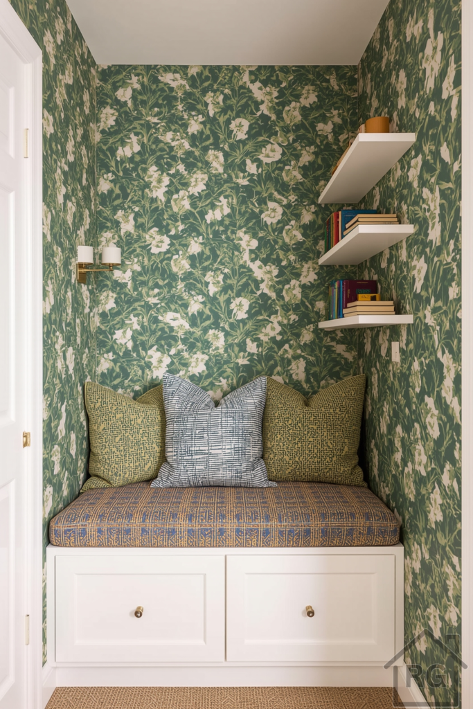 Small closet transformed into a reading retreat: bold wallpapered walls, a seat cushion that fits wall-to-wall, throw pillows, wall-mounted sconce light, and a few floating shelves. Charming and compact.
