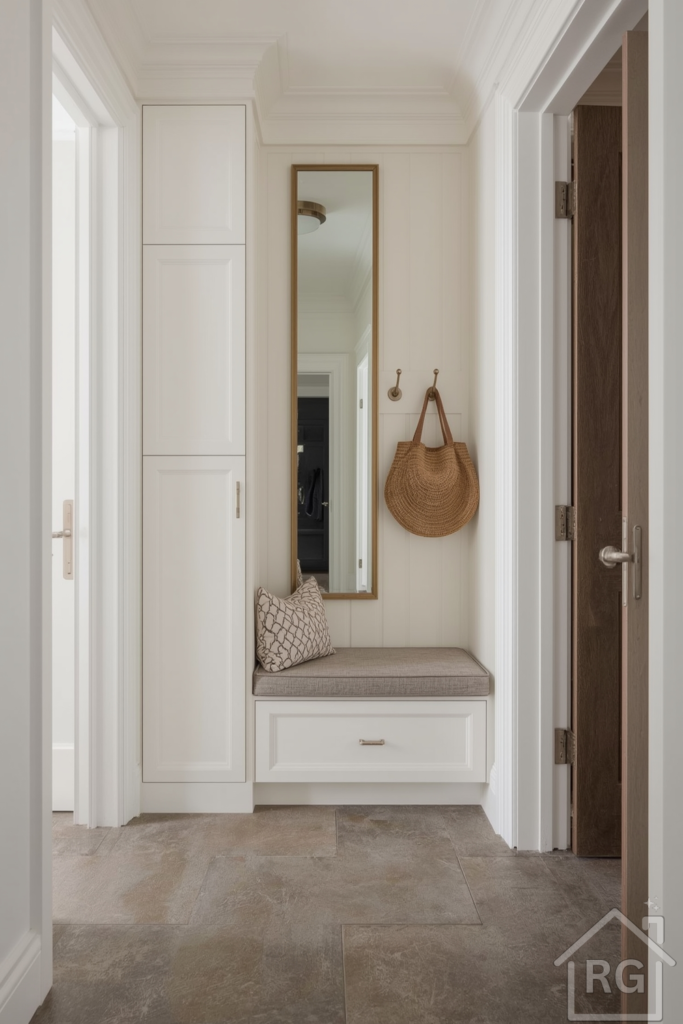 Sophisticated hallway alcove transformed into a mudroom with built-in narrow storage, soft white cabinetry, a tall vertical mirror, hooks for coats, and a small bench with a drawer. Muted herringbone tile floor and clean white trim add polish.