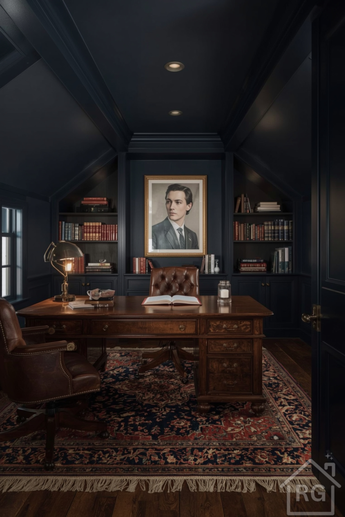 Sophisticated home office in a bonus room with slanted ceiling, deep navy walls, and built-in bookcases. Antique desk and banker’s lamp, leather chair, and vintage rug. Dim, atmospheric lighting and rich materials create a cozy, private feel.