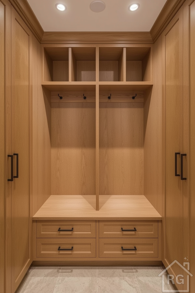 Symmetrical mudroom layout with full-height closets on both sides of a central bench. The bench has overhead cubbies and under-seat drawers, finished in warm wood tones with black handles. Soft spotlighting illuminates the built-in unit.