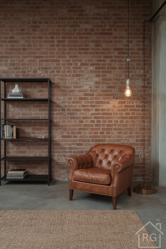 Urban loft-style nook with worn exposed brick walls in a muted red hue, a luxurious tufted leather armchair in a rich brown color, a sleek black metal bookshelf with minimalist shelves, and a vintage industrial pendant light with metal shades, suspended from a high ceiling. The cool grey concrete floors are softened with a large woven rug in a natural fiber, featuring a subtle earthy pattern.