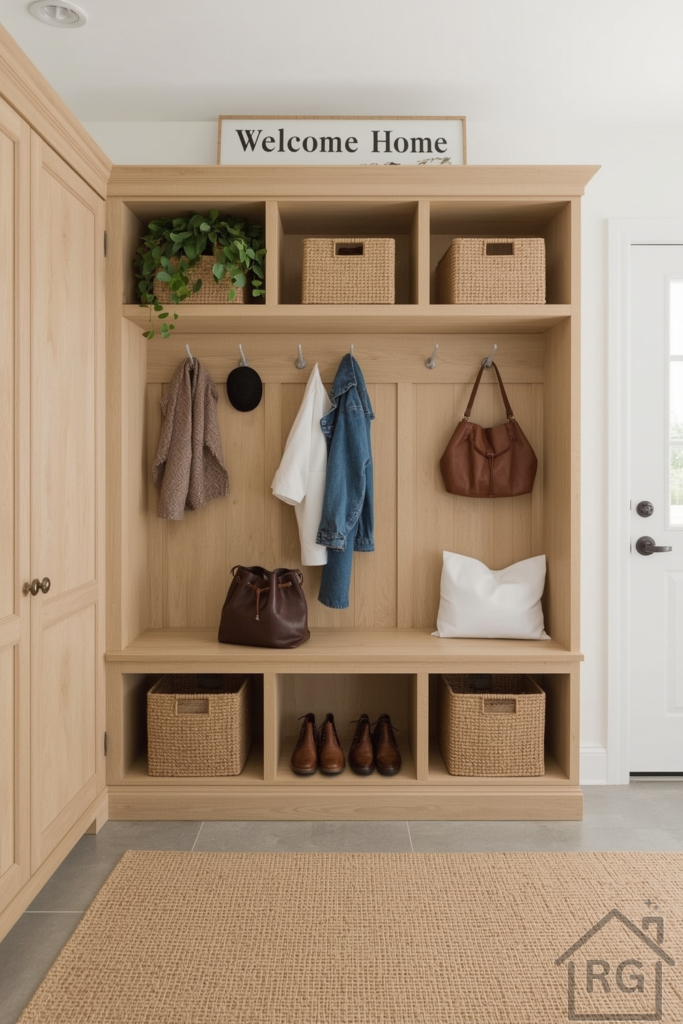 Wide-angle shot of a modern farmhouse entryway mudroom with built-in storage for shoes, bags, and coats. Light oak cabinetry, woven storage baskets, indoor greenery, and a “Welcome Home” sign overhead. A natural jute rug anchors the space. The area looks cozy, lived-in, and ready for all seasons