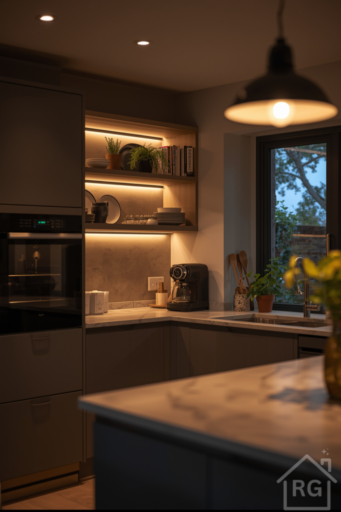 Cozy evening view of a modular kitchen with taupe matte cabinets, warm under-cabinet LEDs, and integrated appliances.