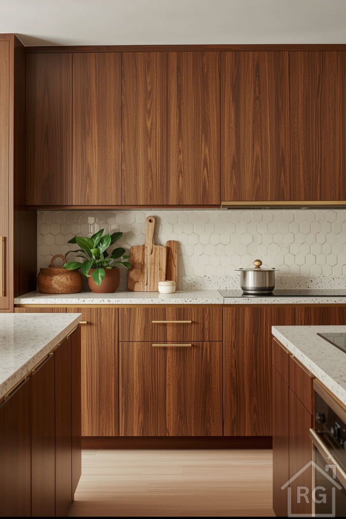 Walnut veneer cabinets, terrazzo countertops, cream tiled backsplash, and retro brass lighting fixtures.