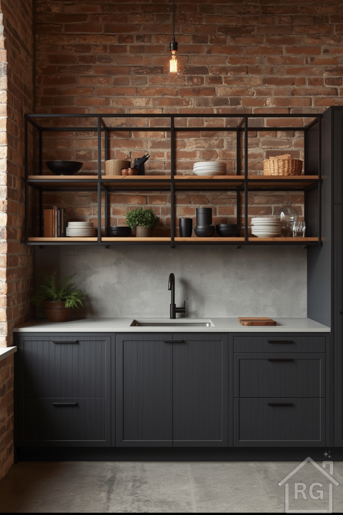 Charcoal flat-panel cabinets, concrete countertops, exposed brick wall, and metal open shelving with Edison-bulb pendants.