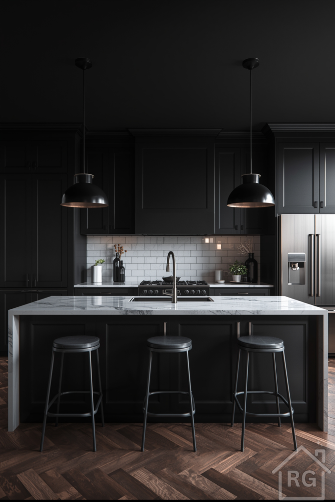 Matte black cabinetry contrasted with white countertops and subway tile, featuring a central island and stainless appliances.