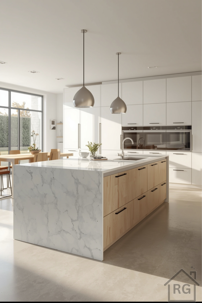 Bright open-plan modular kitchen with white and light wood cabinetry, large central island, integrated stainless steel appliances, and pendant lighting.