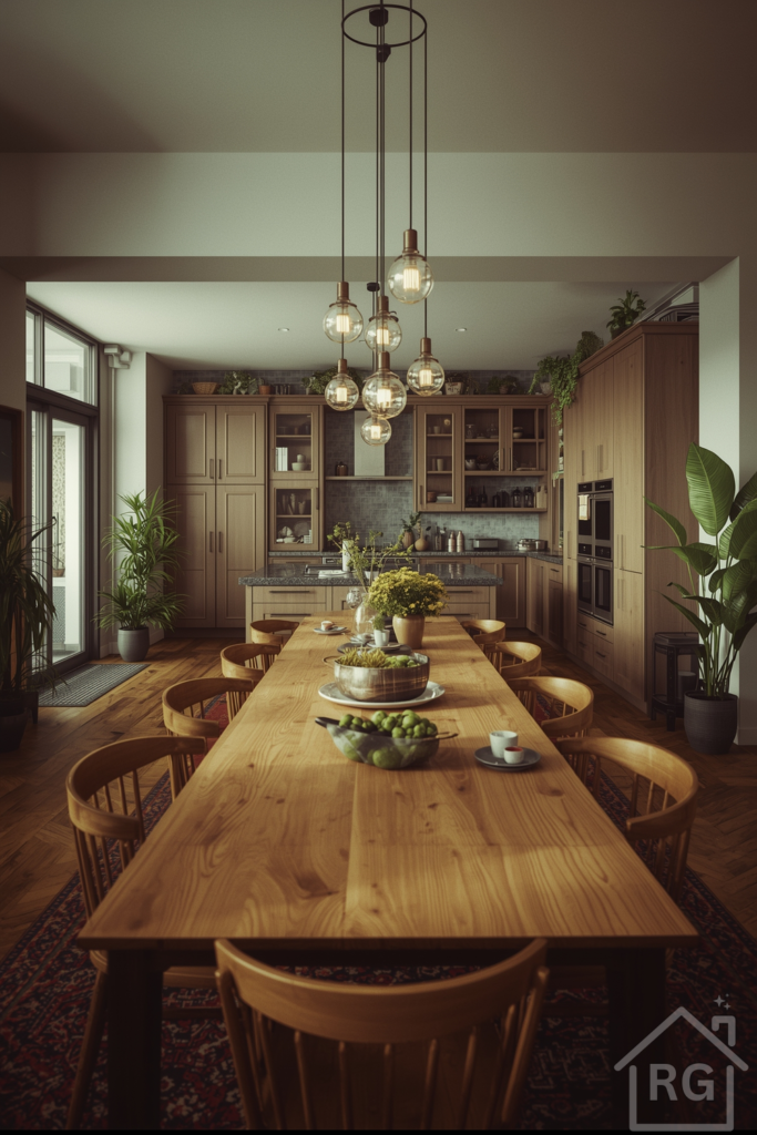 Sage green cabinets, cream accents, wooden bar stools in an open-plan kitchen.