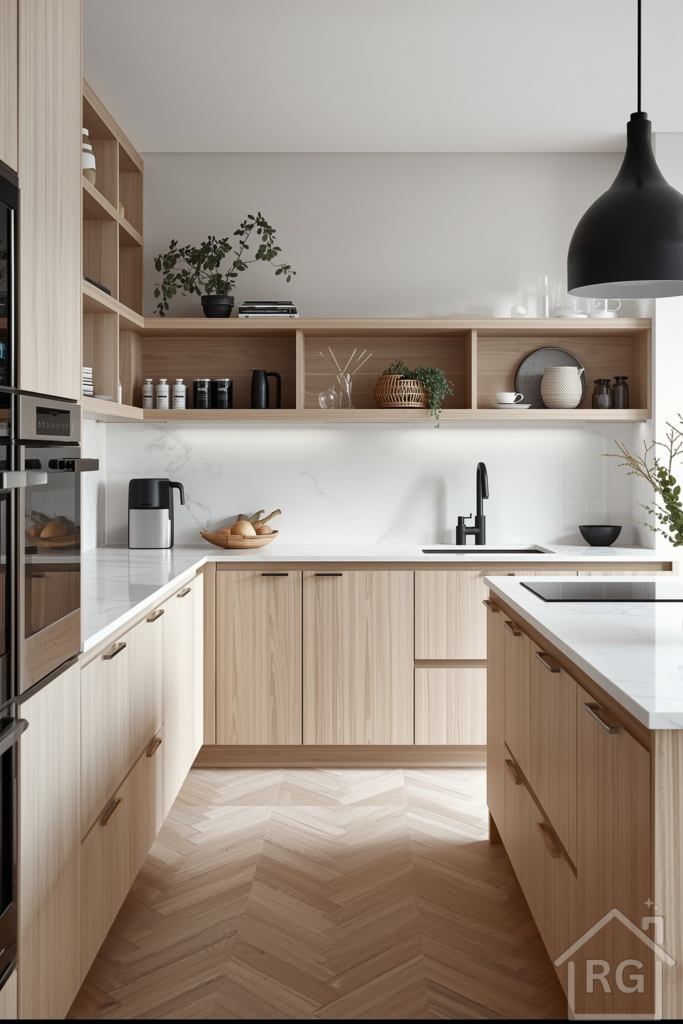 Pale birch lower cabinets, soft gray accents, open shelving, and matte black fixtures in a bright, airy kitchen.