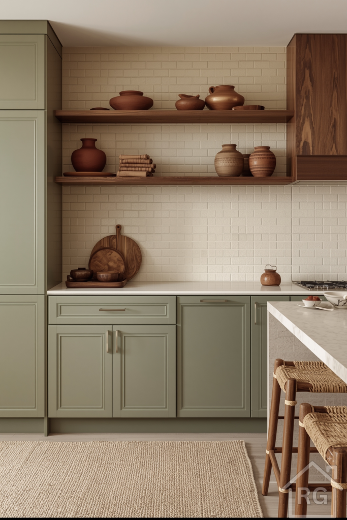 Sage green cabinets, cream accents, woven bar stools, and natural clay decor in an open-plan kitchen.