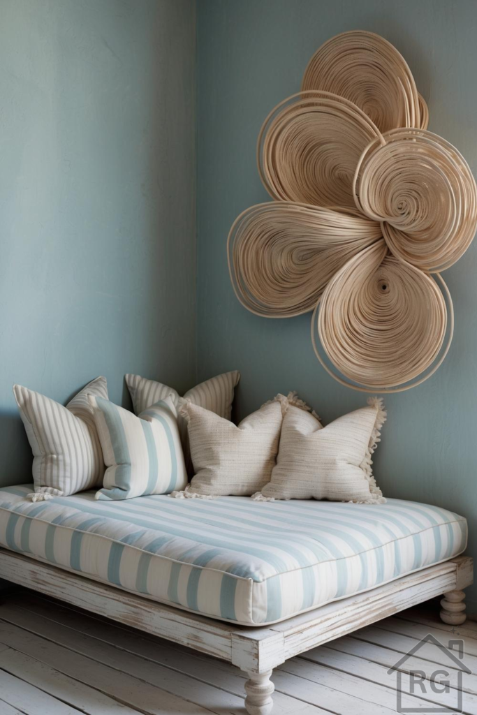 A cozy coastal-inspired daybed nook featuring a distressed white daybed frame, a striped blue and white mattress, and an assortment of throw pillows. A large, organic woven rattan wall sculpture adorns the muted blue wall above the daybed.
