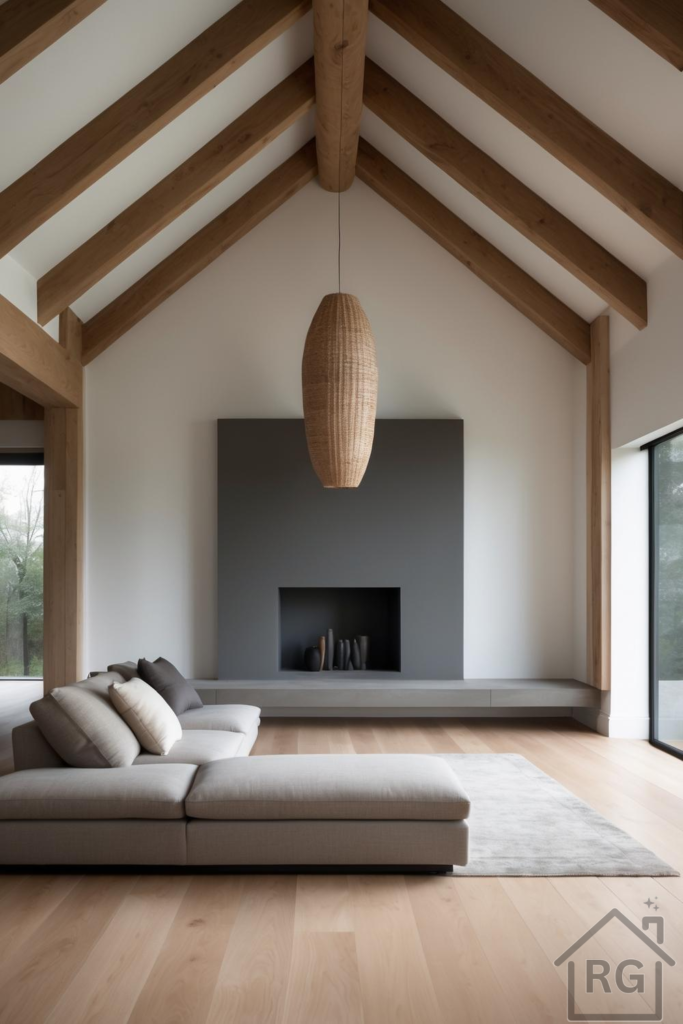 A modern Scandinavian cabin living room featuring a high vault ceiling with exposed wooden beams. The space includes a light grey sectional sofa, a dark grey minimalist fireplace, and large windows, creating a bright and serene interior.