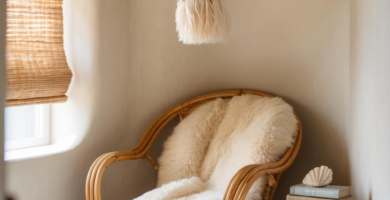 A cozy reading nook features a rattan armchair draped with a cream sheepskin throw, a woven pendant light, and a wooden side table stacked with antique books. The room has warm beige walls and natural light from a window with a woven blind, creating a serene and inviting atmosphere.
