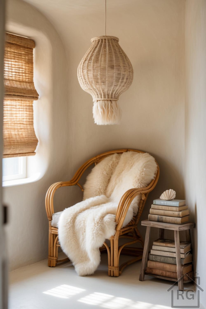 A cozy reading nook features a rattan armchair draped with a cream sheepskin throw, a woven pendant light, and a wooden side table stacked with antique books. The room has warm beige walls and natural light from a window with a woven blind, creating a serene and inviting atmosphere.
