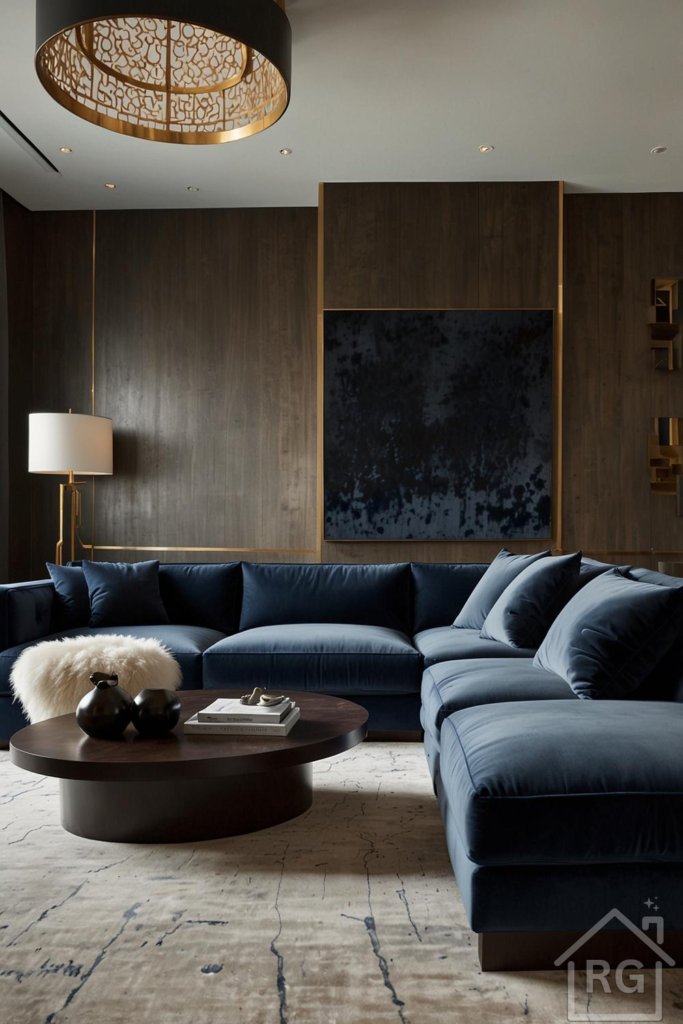 A luxurious living room featuring a large navy blue velvet sectional sofa, a dark wood round coffee table, and a light abstract rug. The walls are paneled in dark wood with brass accents, complemented by a striking gold chandelier and a tall brass floor lamp, creating a sophisticated and inviting atmosphere.
