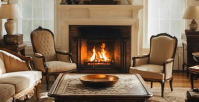 A warm and inviting colonial style living room centered around a lit fireplace. The room features classic wooden furniture, plush upholstered seating, and an ornate rug, bathed in natural light from large windows.