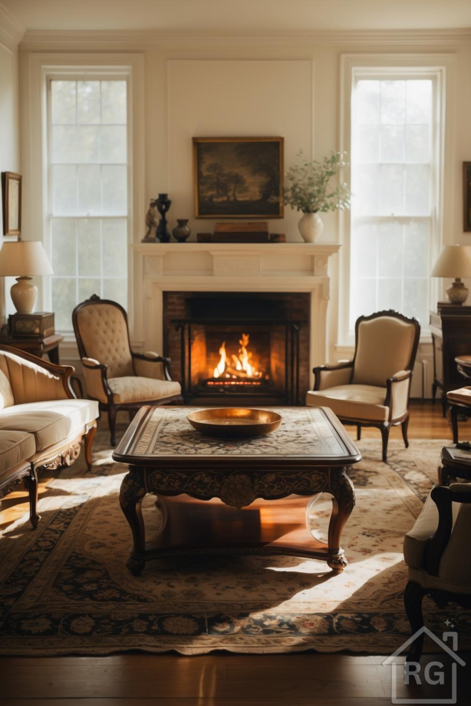 A warm and inviting colonial style living room centered around a lit fireplace. The room features classic wooden furniture, plush upholstered seating, and an ornate rug, bathed in natural light from large windows.