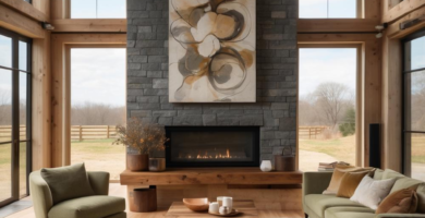 A spacious modern farmhouse living room featuring high ceilings with exposed wooden beams, a large grey stone fireplace, and comfortable sage green sofas. The room is filled with natural light from tall windows and includes a rustic wood coffee table and abstract wall art, creating a cozy and elegant atmosphere.