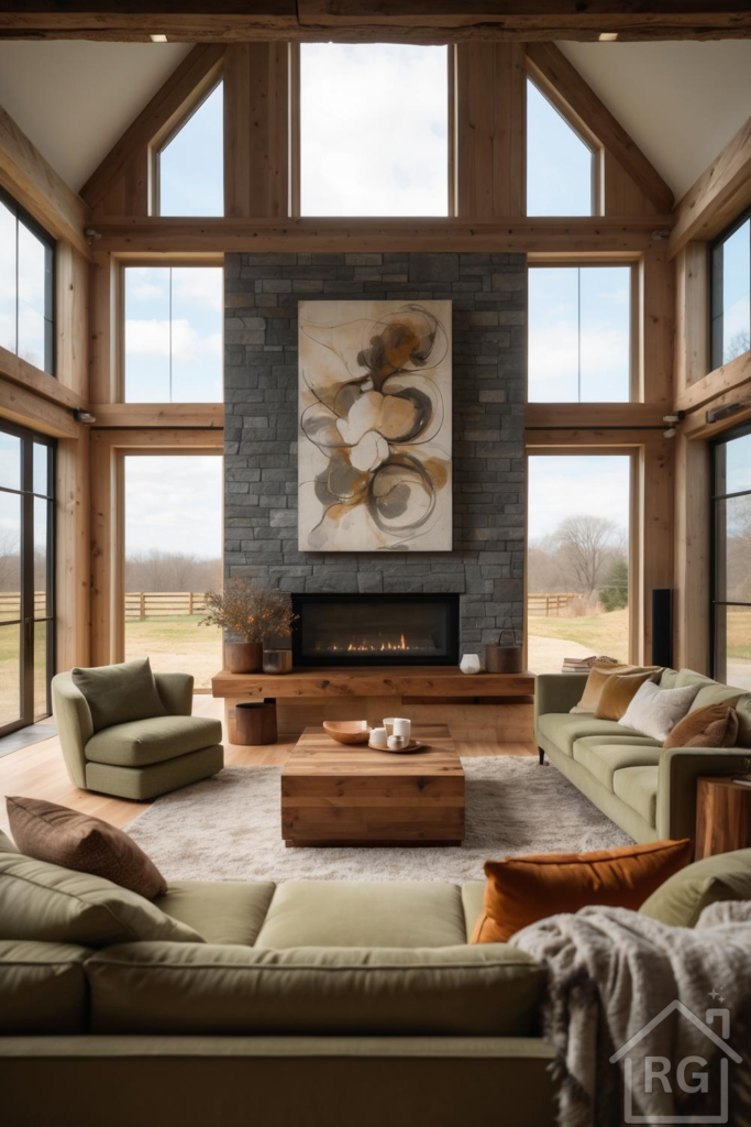 A spacious modern farmhouse living room featuring high ceilings with exposed wooden beams, a large grey stone fireplace, and comfortable sage green sofas. The room is filled with natural light from tall windows and includes a rustic wood coffee table and abstract wall art, creating a cozy and elegant atmosphere.