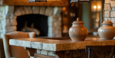 A warm and inviting rustic lodge interior featuring a stone-clad bar with a wooden countertop, two decorative ceramic urns, and a dark wooden bar stool. In the background, a large stone fireplace with a wooden mantel and upholstered armchairs create a cozy ambiance, illuminated by hanging metal lantern lights and warm interior lighting.