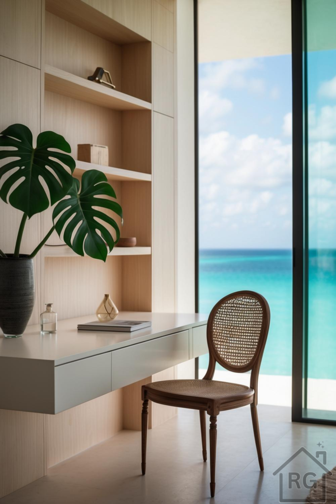 A modern coastal home office featuring a light wood built-in desk and shelving unit, a classic cane chair, and a large Monstera plant. The room offers a stunning panoramic view of a turquoise ocean and blue sky through a large window, creating a serene and inspiring workspace.