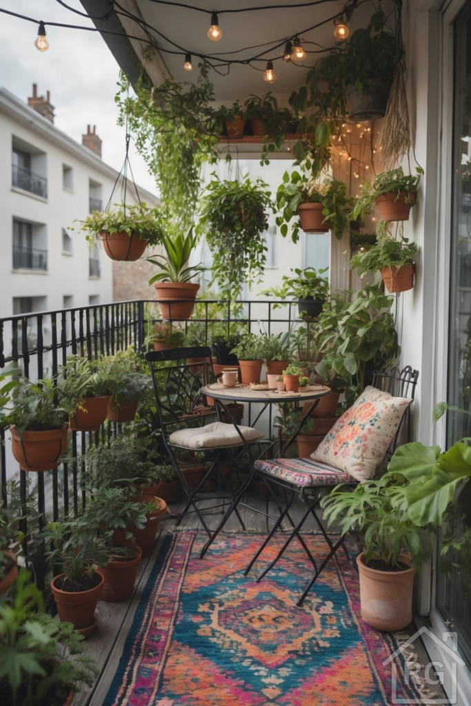 A lush, bohemian-style balcony features a wrought iron bistro set, surrounded by numerous potted plants in terracotta containers and hanging baskets. String lights illuminate the space, and a vibrant, patterned rug covers the wooden deck, creating a cozy urban oasis.