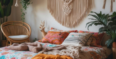 A cozy bohemian bedroom featuring a low platform bed with a colorful floral duvet and patterned pillows. The room is decorated with a large macrame wall hanging, several lush green plants in hanging and floor pots, a rattan chair, and a natural jute rug, creating a vibrant and eclectic atmosphere.